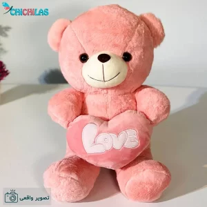 عروسک خرس صورتی قلبدار (40 سانتی)